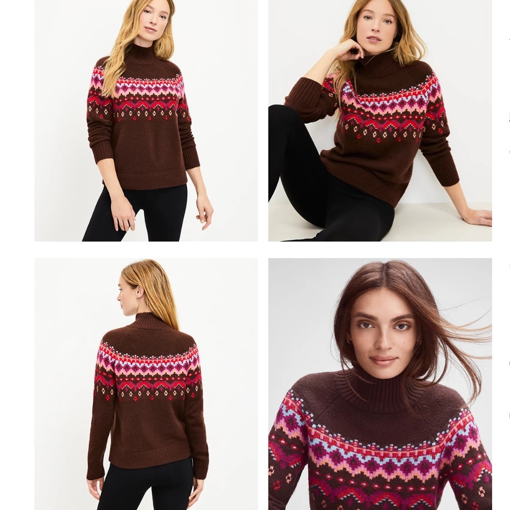 NWT Loft Lou & Grey Women Fair Isle Mock neck Sweater Cuban Coffee Size S QQ